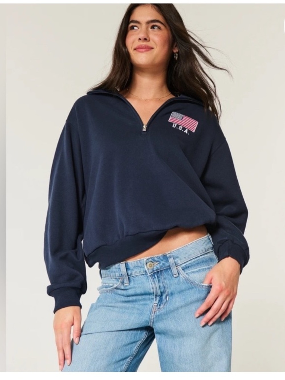 Hollister Navy Blue Embroidered USA Quarter Zip Pullover Sz Small